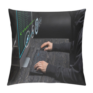 Personality  Cropped View Of Hacker Typing On Computer Keyboard Near Computer Monitor With Cyber Security Lettering On Black  Pillow Covers