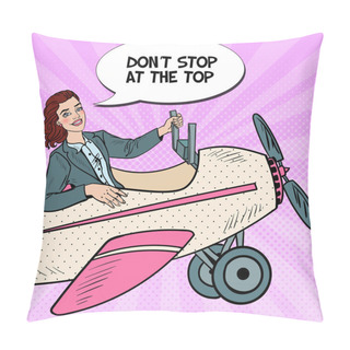 Personality  Pop Art Successful Business Woman Riding Vintage Airplane. Vector Illustration Pillow Covers