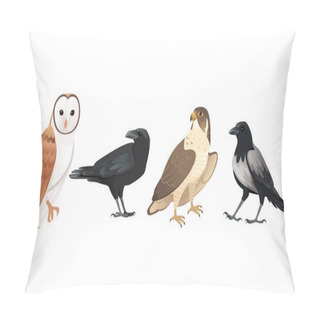 Personality  Set Of Forest Birds Owl Raven Hawk And Crow Cartoon Animal Design Vector Illustration On White Background Pillow Covers