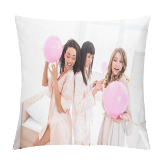 Personality  Smiling Multicultural Girls Dancing With Pink Balloons On Bachelorette Party Pillow Covers