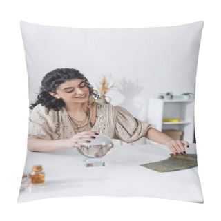 Personality  Smiling Gypsy Medium Touching Magic Orb And Tarot Cards On Table  Pillow Covers