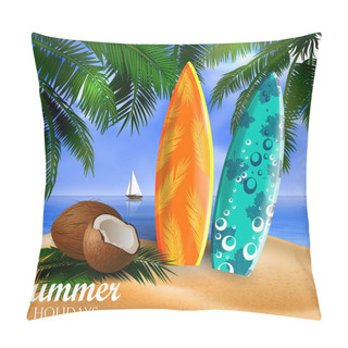 Personality  Surfboards On A Beach Against A Sunny Seascape Pillow Covers