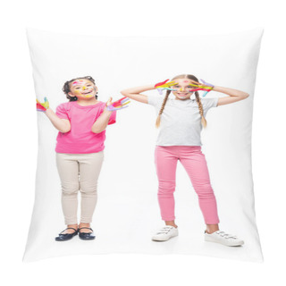 Personality  Happy Schoolchildren Having Fun With Painted Hands And Faces Isolated On White Pillow Covers
