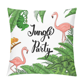 Personality  Jungle Party Banner With Flamingo And Chameleon, Palm Leaves Pillow Covers