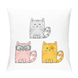 Personality  Set Of Cute Cats Isolated On White Background. Pink, Red And Gray Kitten With Glasses, Illustration. Pillow Covers