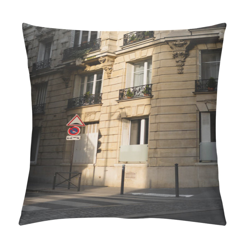 Personality  No Parking Sign Near Ancient French Building With Balconies  Pillow Covers