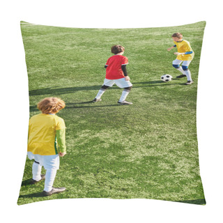 Personality  A Group Of Energetic Young Children Play A Friendly Game Of Soccer On A Grassy Field, Laughing And Running After The Ball In Their Colorful Jerseys And Soccer Cleats. Pillow Covers