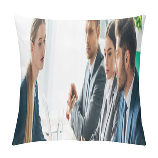 Personality  Panoramic Shot Of Employee Sitting At Table Near Recruiters In Office  Pillow Covers