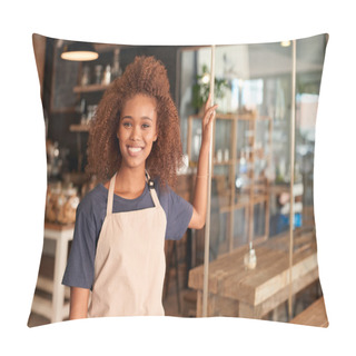 Personality  Woman Standing In Front Of Cafe Pillow Covers