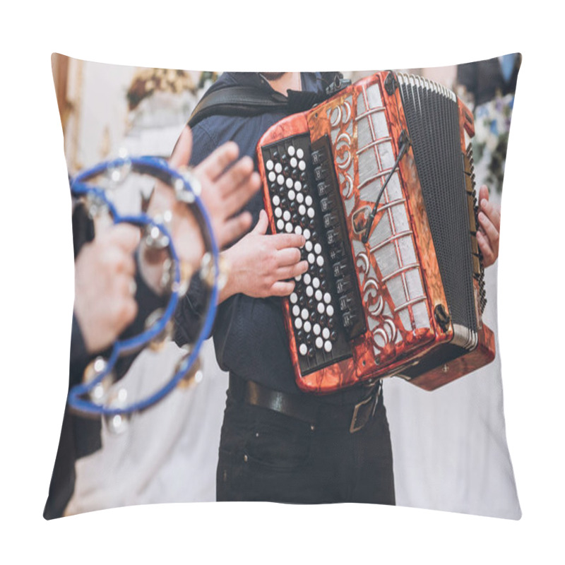 Personality  Musicians Playing On Accordion And Tambourine, Musical Band Performing At Wedding Reception. Fun Time At Party Pillow Covers