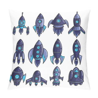 Personality  Cartoon Rockets Hand Drawn Icons Set. Cute Space Shuttles Cliparts. Doodle Spaceships. Spacecraft Stickers. Space Exploration. Cosmic Illustrations Collection. Isolated Vector Design Elements Pillow Covers