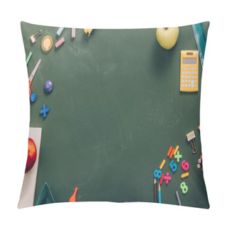 Personality  Top View Of Frame With Ripe Apples And School Supplies On Green Chalkboard With Copy Space Pillow Covers