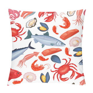 Personality  Vector Seamless Pattern Seafood With Mussel, Fish Salmon, Shrimp. Lobster, Squid, Octopus, Scallop, Lobster, Craps, Mollusk, Oyster, Alfonsino And Tuna For Product Design Market. Pillow Covers
