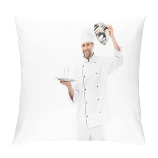 Personality  Smiling Young Chef Opening Seving Dome With Glass Of Water Inside Isolated On White Pillow Covers