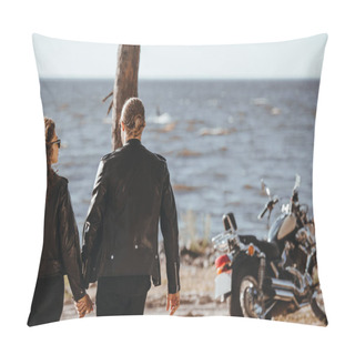Personality  Rear View Of Couple Holding Hands And Walking On Seashore, Classical Motorbike Standing Near Pillow Covers