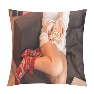 Personality  Cropped View Of Young Woman Sitting On Couch And Holding Gingerbread Cookie In Outstreched Hands At Christmas Time Pillow Covers