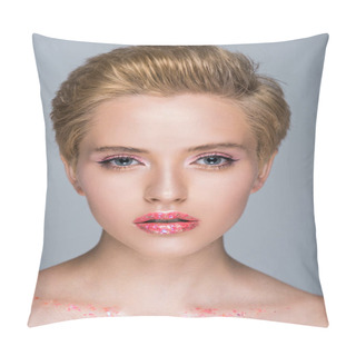 Personality  Attractive Woman With Glittering Makeup And Short Haircut Looking At Camera Isolated On Grey Pillow Covers