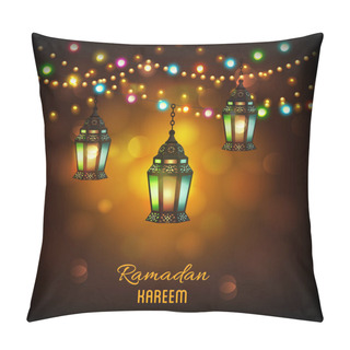 Personality  Hanging Illuminated Intricate Arabic Lamp With On Shiny Abstract  Night Background For Ramadan Kareem. Pillow Covers