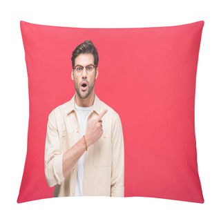 Personality  Surprised Handsome Man Pointing With Finger On Pink With Copy Space Pillow Covers