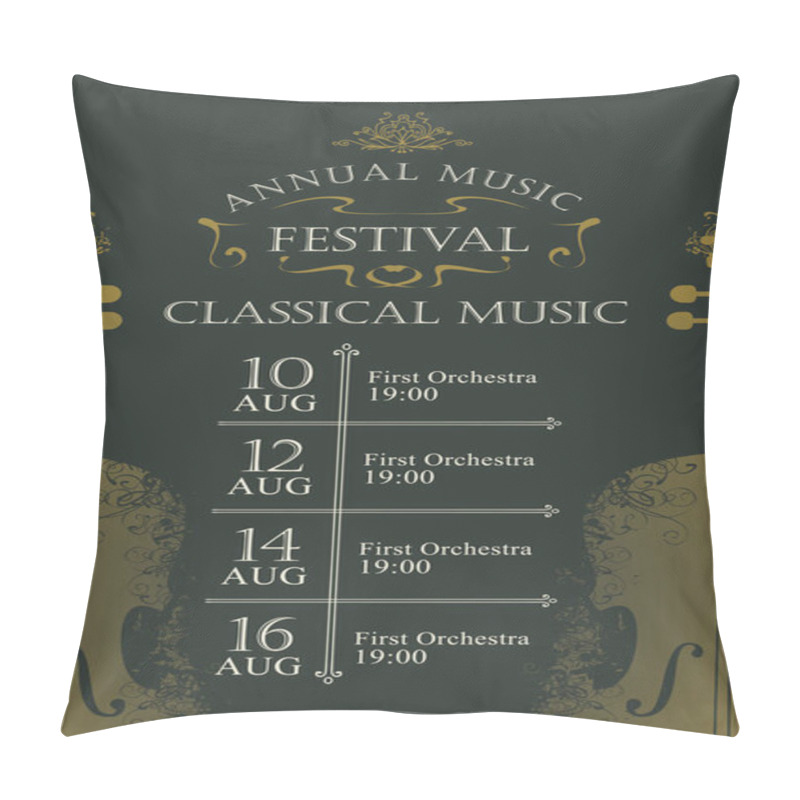 Personality  Vector poster for the annual festival of classical music in vintage style on black background with violins and abstract curls pillow covers