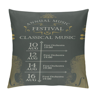 Personality  Vector Poster For The Annual Festival Of Classical Music In Vintage Style On Black Background With Violins And Abstract Curls Pillow Covers