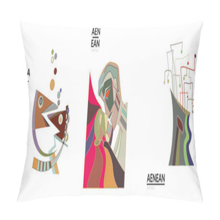 Personality  Set Of Artistic Abstract Vector Illustrations In Graffiti Wall Style. Cubism Art Design Elements Isolated On White. Modern Mystic Natural Spiritual Idea. Futuristic Geometry In Hand Drawing Line. Pillow Covers