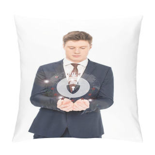 Personality  Businessman In Suit Looking At Outstretched Hands With Internet Security Icon And Gbpr Letters Above Isolated On White Pillow Covers