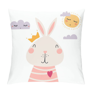 Personality  Hand Drawn Cute Funny Bunny In Shirt And Crown, With Sun And Clouds Isolated On White Background Pillow Covers