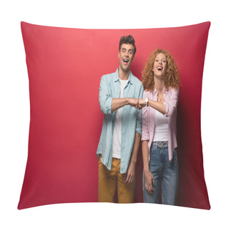 Personality  Beautiful Cheerful Couple Bumping Fists, Isolated On Red Pillow Covers