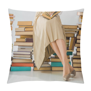 Personality  Close Up Of Woman Reading And Sitting On Pile Of Books  Pillow Covers