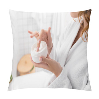 Personality  Cropped View Of Woman Holding Cosmetic Cream In Bathroom  Pillow Covers