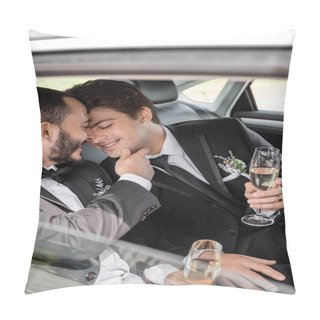 Personality  Cheerful Gay Groom In Classic Suit With Boutonniere Touching Chin Of Young Boyfriend In Braces And Holding Glass Of Champagne While Sitting On Backseat Of Car  Pillow Covers