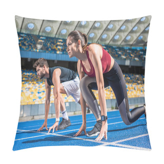 Personality  Sportive Young Male And Female Sprinters In Start Position On Running Track At Sports Stadium Pillow Covers