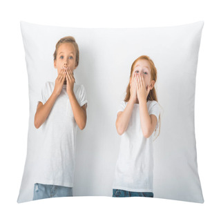 Personality  Cute Kids Standing And Covering Faces On White  Pillow Covers