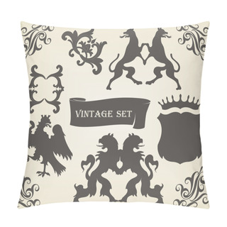 Personality  Heraldic Silhouettes Set Of Many Vintage Elements Vector Background Pillow Covers