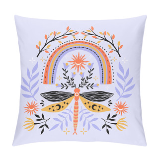 Personality  Vector Summer Illustration With Dragonfly, Rainbow, Flowers, Sun.Symmetry Folk Art Style Drawing. Isolated On Background. Pillow Covers