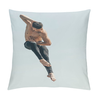 Personality  Motion Shot Of Handsome Shirtless Dancer In Jump Against Blue Sky Pillow Covers
