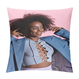 Personality  A Stylish Young African American Woman With Curly Hair Poses In A Studio Wearing A Striking Blue Jacket For A Photograph. Pillow Covers