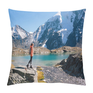 Personality  Young Travel Girl Staying On Top Of High Rock Cape Near Lake And Enjoying By Beautiful Landscape Summer View In Altai Mountains, Russia. Pillow Covers