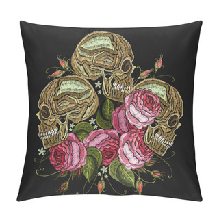 Personality  Embroidery Three Skulls And Flowers. Fashion Template Pillow Covers