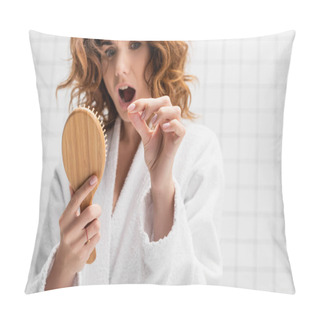 Personality  Hair Brush In Hand Of Amazed Woman On Blurred Background In Bathroom On Blurred Background Pillow Covers