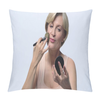 Personality  Blonde Mature Woman Applying Face Powder With Cosmetic Brush Isolated On White Pillow Covers