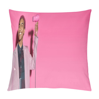 Personality  Stylish Pink Haired Man Smiling Weirdly With Closed Eyes With Hairdryer In His Hands, Banner Pillow Covers