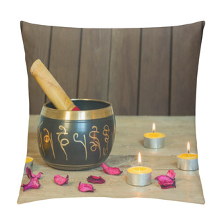 Personality  Studio Shot Of Tibetan Singing Bowls With Burning Candles Pillow Covers