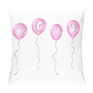 Personality  2019 Happy New Year Banner Illustration With Silver Numbers On Watercolor Hand Drawn Pink Balloons Isolated On White Background For Seasonal Flyers And Greeting Cards, Christmas Invitations Design. Pillow Covers