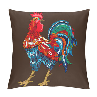 Personality  Cock, With Colorful Bright Colored Bird Feathers A Dark Brown Background. Fiery Red Rooster  Symbol Of 2017. Vector Illustration Pillow Covers