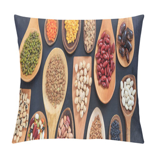 Personality  Variety Of Dry Uncooked Legumes On Wooden Spoons, Banner Pillow Covers