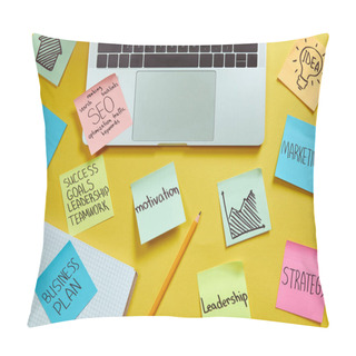 Personality  Top View Of Laptop And Paper Stickers With Business Plan On Yellow Surface Pillow Covers