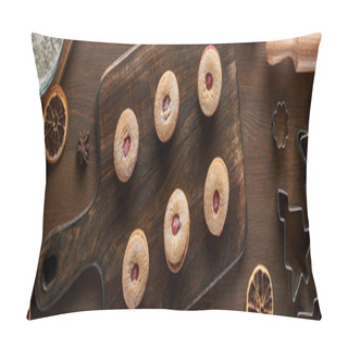Personality  Top View Of Christmas Cookies Near Ingredients On Wooden Table, Panoramic Shot Pillow Covers