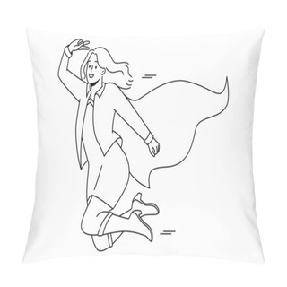 Personality  Smiling Businesswoman In Superhero Costume Flying In Sky. Happy Woman Dressed As Super Hero Feel Motivated And Successful With Business Achievement. Vector Illustration.  Pillow Covers